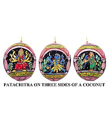 Durga, Kali and Meenakshi - Pata Painting on Three Sides of Hanging Coconut