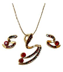 Maroon and Green Stone Studded Pendant and Earrings