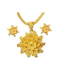 Gold Plated Chain with Flower Pendant and Earrings