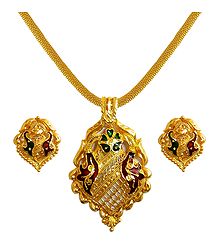 Gold Plated Jali Chain with Meenakari  Pendant and Earrings