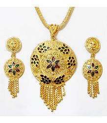 Gold Plated Chain with Lacquered Disc Pendant and Earrings
