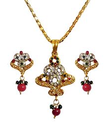 Multicolor Stone Studded Pendant with Chain and Earrings