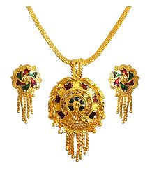 Gold Plated Chain with Meenakari Pendant and Earrings