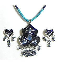 Blue Laquered Pendant with Cyan Color Cord and Post Earrings
