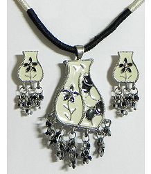 Off-White Laquered Pendant with Cyan Color Cord and Post Earrings