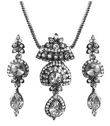 White Stone Studded Pendant with Chain and Earrings