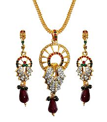 Stone Studded Pendant with Chain and Earrings