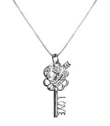 White Stone Studded Heart with Key Pendant