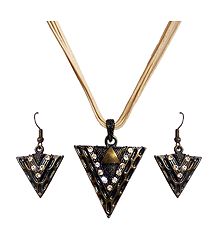 Triangle Shaped Pendant with White Cord and Earrings