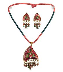 Floral Design Lacquered Metal Pendant and Earrings