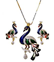 Gold Plated Chain with Faux White Zirconia Studded Peacock Pendant and Earrings 