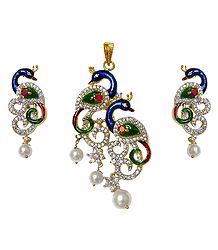 Faux White Zirconia Gold Plated Peacock Pendant and Earrings