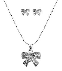 White Stone Studded Pendant with Chain and Earrings