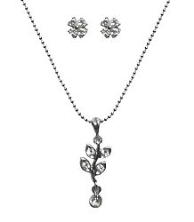 White Stone Studded Pendant with Chain and Earrings