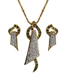 White Stone Studded Pendant with Chain and Earrings