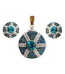 Cyan and White Stone Studded Round Shaped Pendant and Earrings