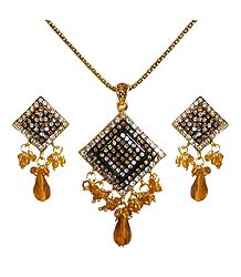 Green and White Stone Studded Pendant with Earrings