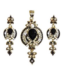 Black and White Stone Studded Pendant and Earrings