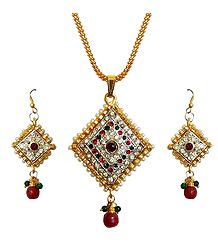 White Stone Studded Pendant with Chain and Earrings