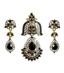 Black and White Stone Studded Pendant and Earrings