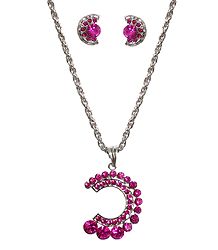 Magenta Stone Studded Pendant with Oxidised Metal Chain and Earrings