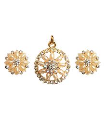 White Bead and Stone Studded Pendant and Earrings