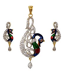 Faux White Zirconia with Gold Plated Peacock  Pendant and Earrings