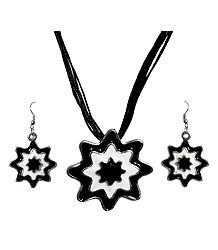 Black and White Metal Flower Pendant with Earrings
