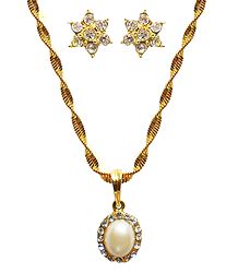 White Stone Studded Bead Pendant with Metal Chain and Earrings