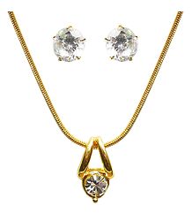 White Stone Studded Pendant with Chain and Earrings