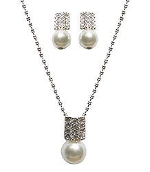 White Stone Studded Bead Pendant with Chain and Earrings