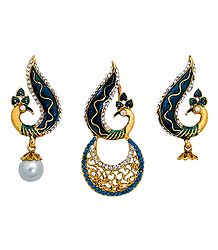 Blue and White Stone Studded Laquered Peacock Pendant and Earrings