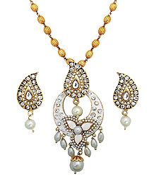 White Stone Studded Pendant with Chain and Earrings