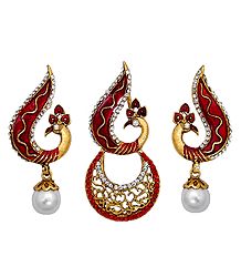 Red and White Stone Studded Laquered Peacock Pendant and Earrings