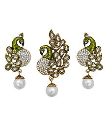 White Stone Studded Laquered Peacock Pendant and Earrings