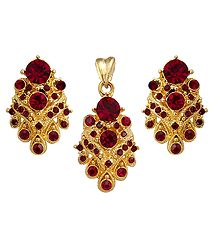 Red Stone Studded Pendant and Earrings