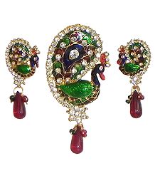 Stone Studded Peacock Design Pendant with Earrings