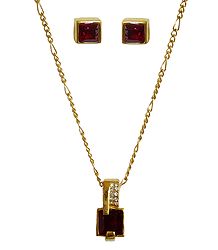 Red Stone Square Shaped Pendant with Chain and Earrings