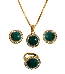Golden Chain with Green and White Stone Studded Pendant, Earrings and Ring