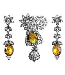 White Stone Studded Metal Pendant with Earrings