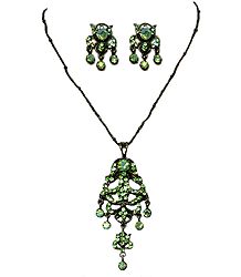 Green Zirconia Stone Studded Necklace with Black Chain and Earrings