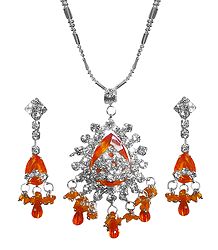 Saffron Stone Studded Pendant with Chain and Earrings