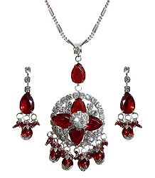 Dark Red Stone Studded Pendant with Chain and Earrings