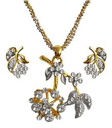 Chain with White Stone Studded Pendant and Earrings