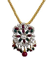 Green and Red Stone Studded Pendant with Chain