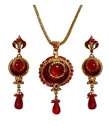 Red Stone Studded Pendant with Chain and Earrings
