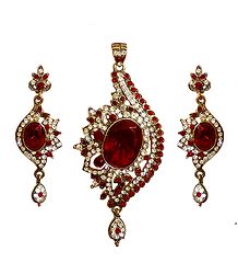 Red and White Stone Studded Pendant with Earrings