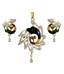 White Stone Studded Laquered Peacock Pendant and Earrings