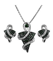 Silver Plated Chain with Stone Studded Pendant and Earrings