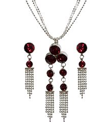 Maroon Stone Studded Pendant with Chain and Earrings
